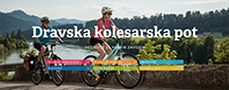Kolesarja na kolesih s kolesarskimi čeladami, zgoraj napis Dravska kolesarska pot
